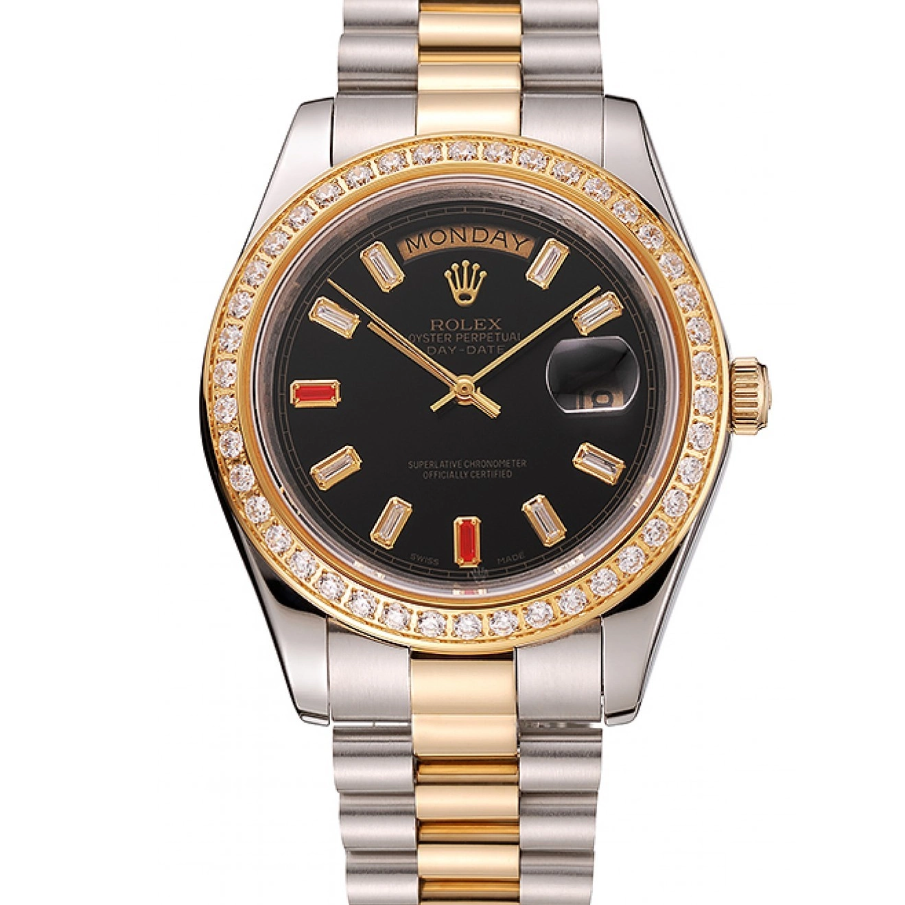 Aaa replica watch Day-Date And Bracelet Rubies Tone Diamonds 1454105 Dial Two Rolex Black Swiss 0824